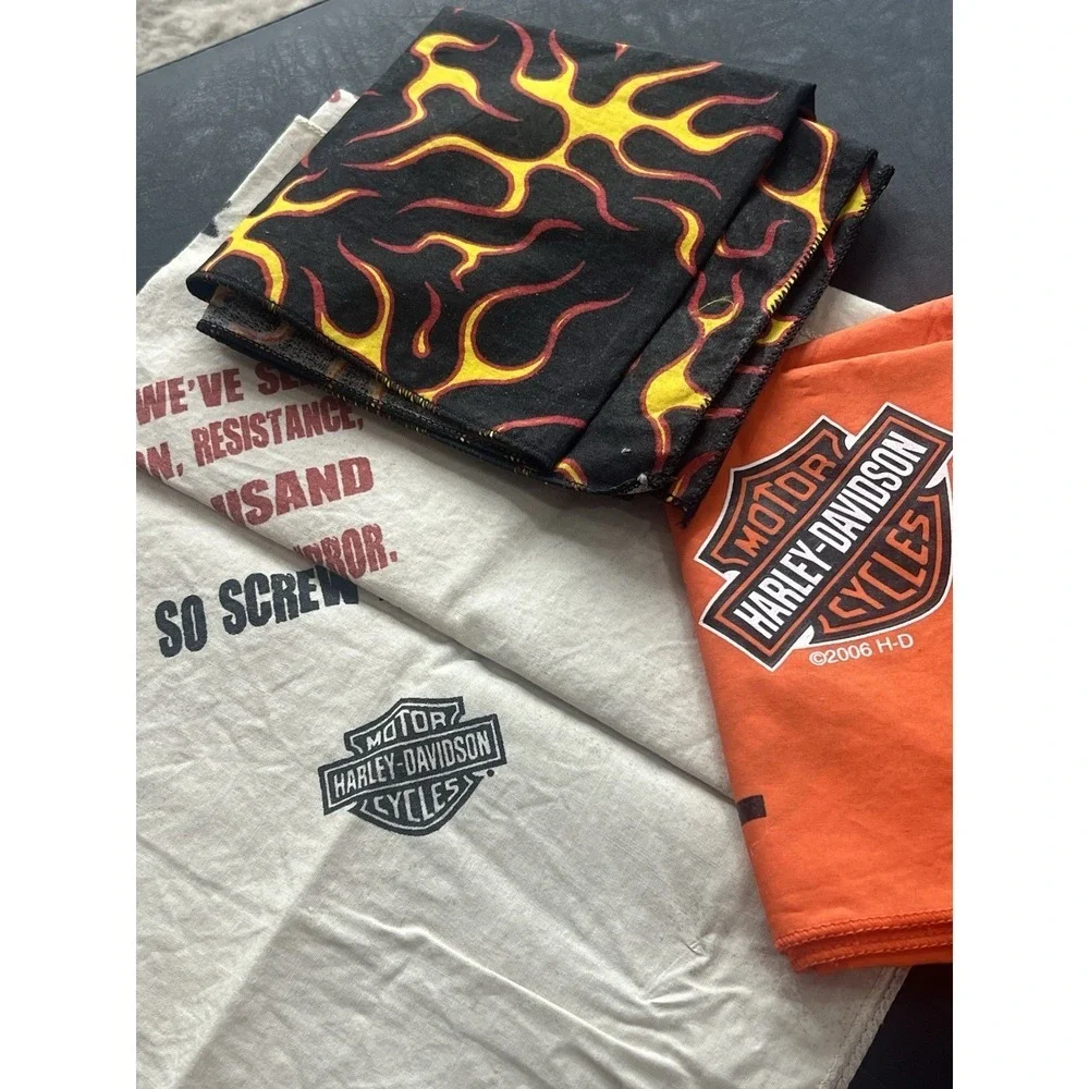 Lot Of 3 Harley Davidson Square Bandana scarf Scarves Flames Flag Orange Vintage